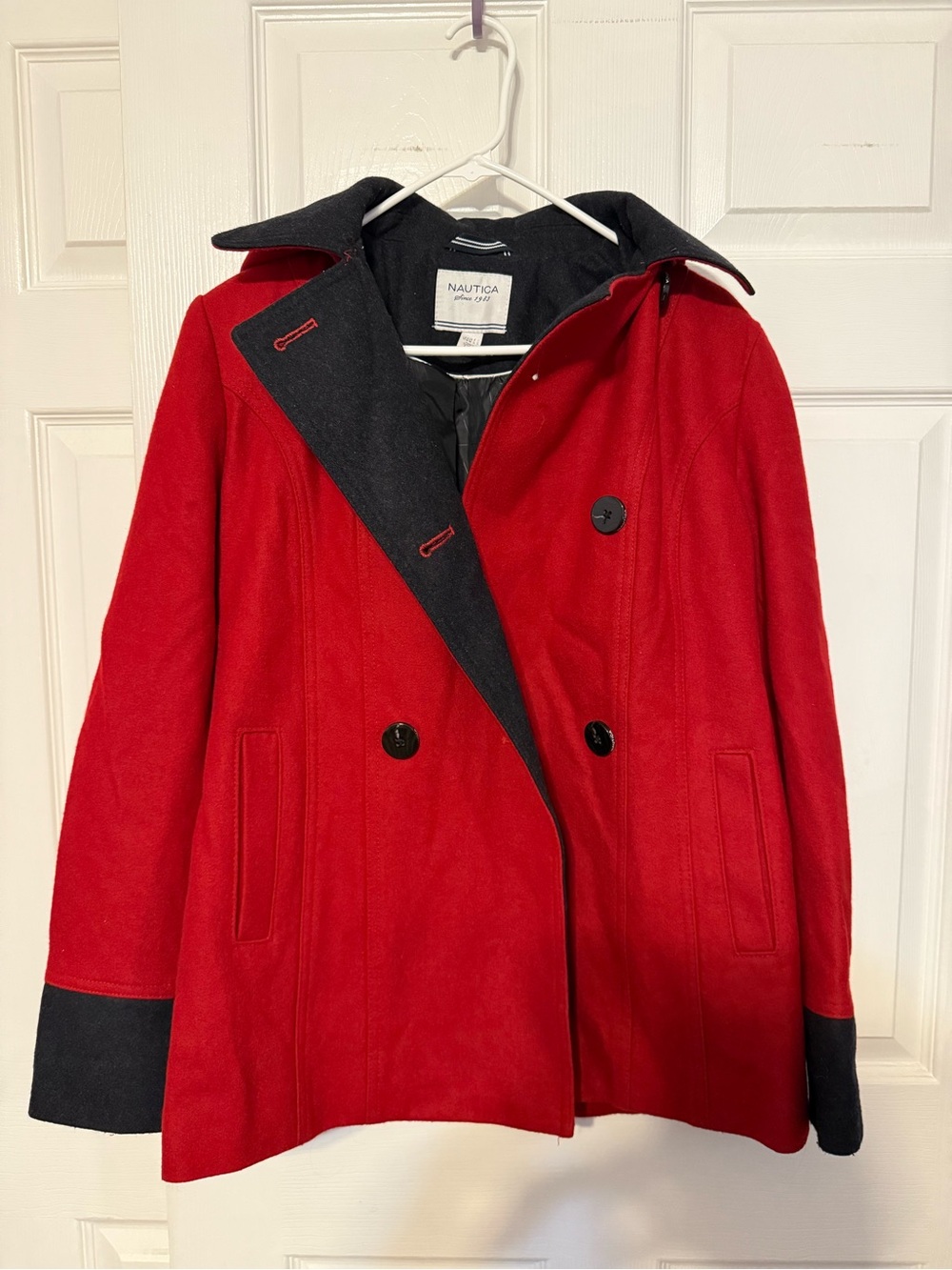 Nautica Women's Red Peacoat with Black Contrast Trim